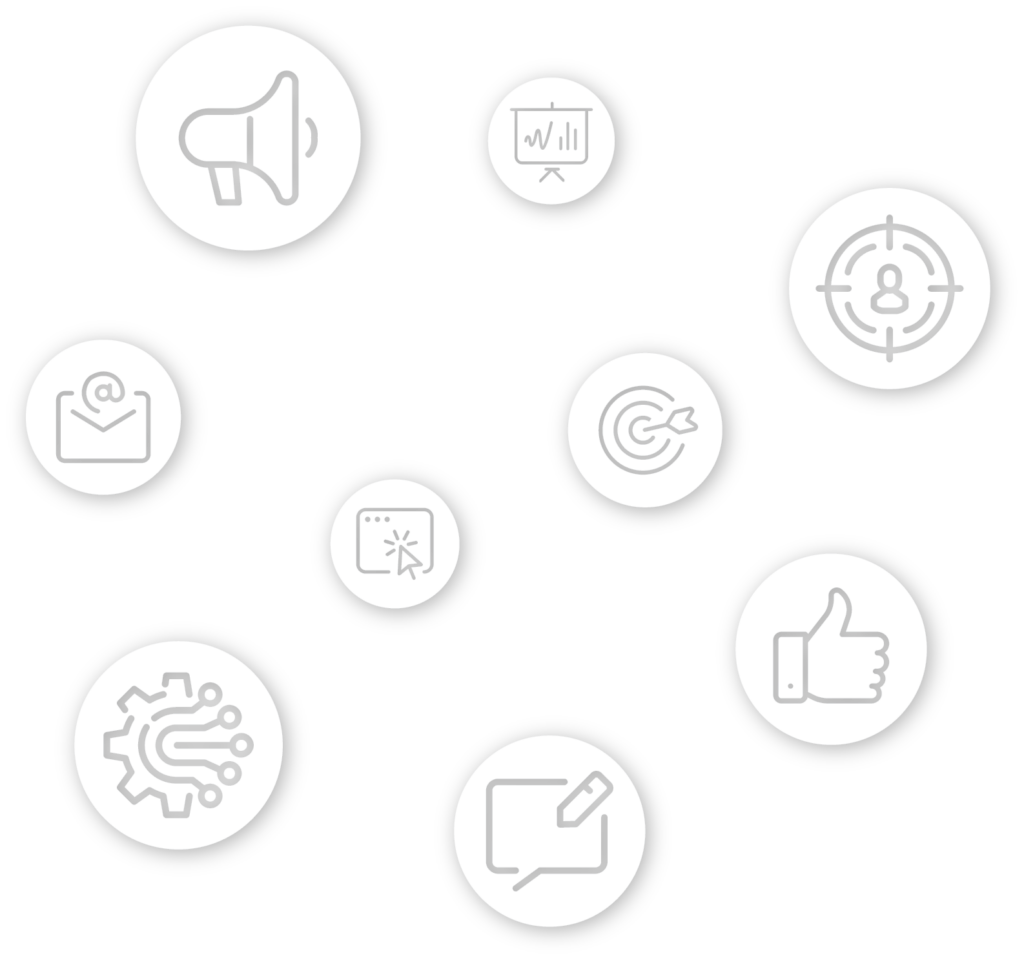 Marketing technology icons illustrating content marketing, SEO, AI optimization, and analytics for The Deciding Factor.